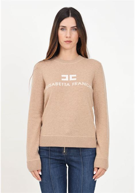 Beige women's crew-neck sweater in cashmere blend with logo ELISABETTA FRANCHI | MK64S46E2CP2